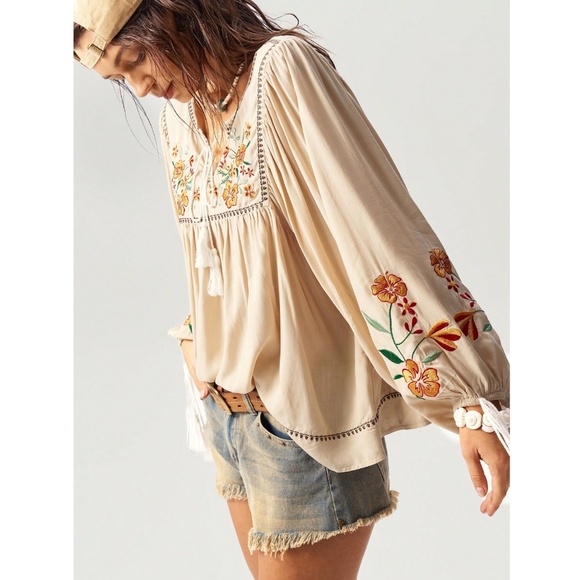 Embroidered Bohemian Shirt in Beige Detailed V-Neck, Tassel Ties on Neck, Cuffs - Picture 7 of 9